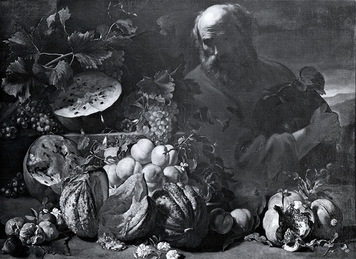 Anonimo — Pace Michele (Michelangelo del Campidoglio) - sec. XVII - Natura morta con frutta e vecchio — insieme